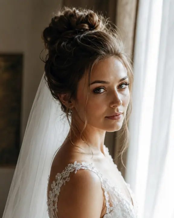 A high bun worn with a veil